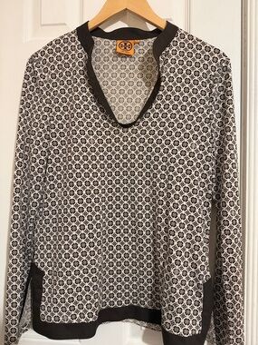 Tory Burch Brown and Cream Geometric Split Hem Tunic Style L/S Top Silk - M